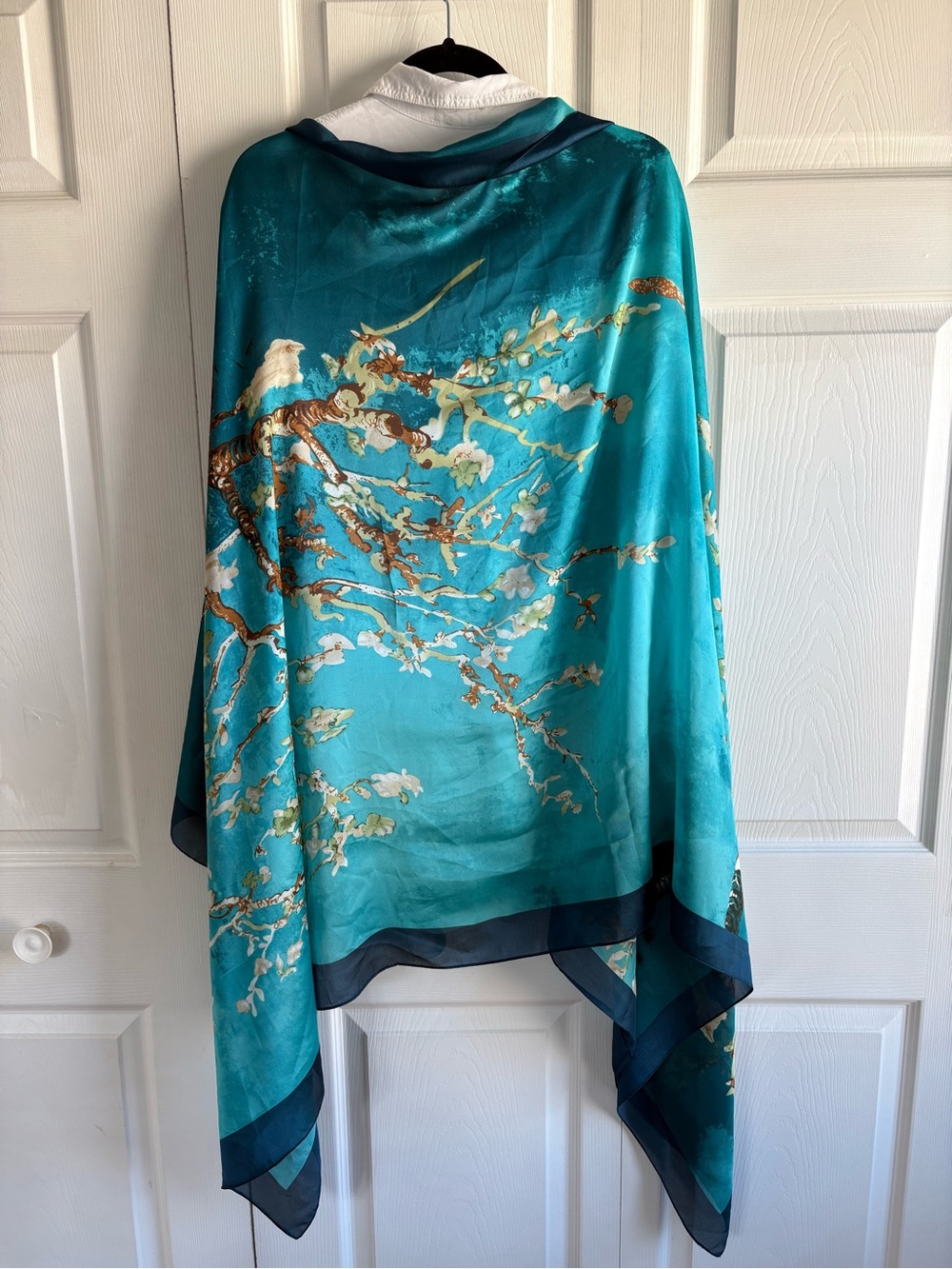 XLarge Van Gogh Almond Blossom Silk Scarf Blue Floral Art To Wear Wrap Luxury